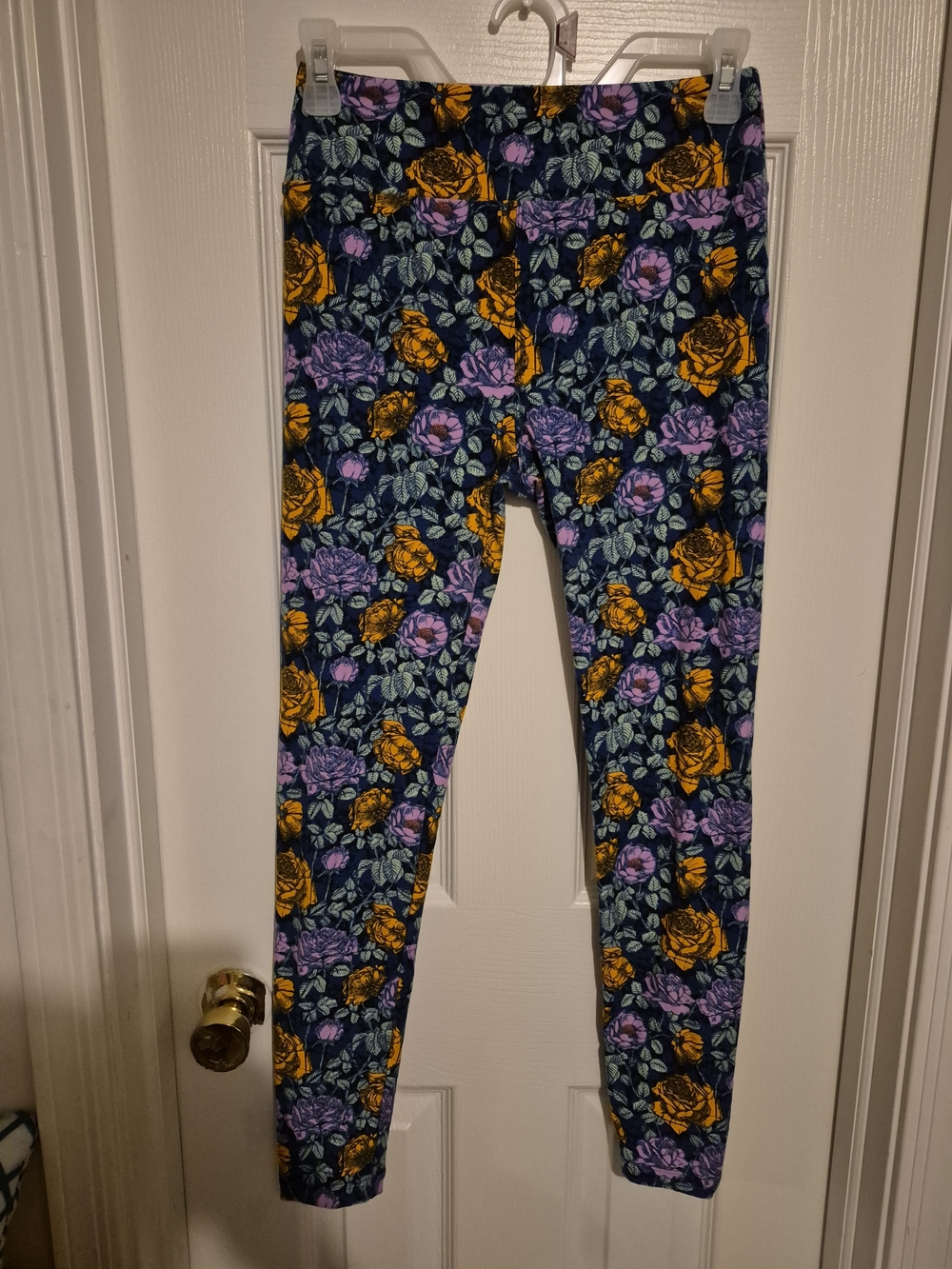 LuLaRoe Navy Leggings with Purple and Gold Floral Print
